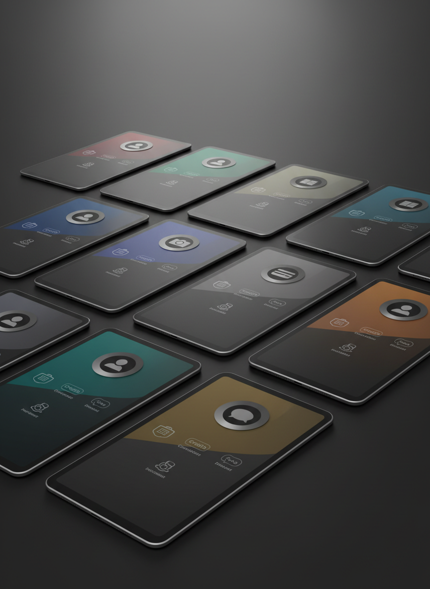 An array of glossy, high-quality tablets arranged diagonally on a matte black surface, each screen showing different abstract profile cards in varying sophisticated color palettes, with stylized icons suggesting photos, credits, and direct contact options. The environment is a minimalist studio setup, the background fading into a soft charcoal gradient. Cool, softbox studio lighting creates precise highlights on the tablet edges and subtle reflections on the glass. Captured from a slightly elevated angle with sharp focus throughout, the composition suggests abundance and diversity of unrepresented talent, while remaining clean, modern, and highly technological in photographic realism.