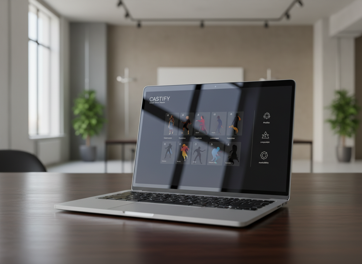 A sleek, high-end laptop screen on a dark wooden desk displays a sophisticated casting platform interface, with abstract silhouettes and elegant geometric icons representing performer profiles, credits, and languages. The background is a softly blurred modern studio office with neutral tones and subtle metallic accents, hinting at a professional casting environment. Cool, diffused daylight from a large unseen window creates gentle reflections on the laptop’s glass and a refined sheen on the desk. Shot at eye level with a shallow depth of field, the image feels polished and cinematic, emphasizing clarity, direct connection, and a premium technological experience in photographic realism.