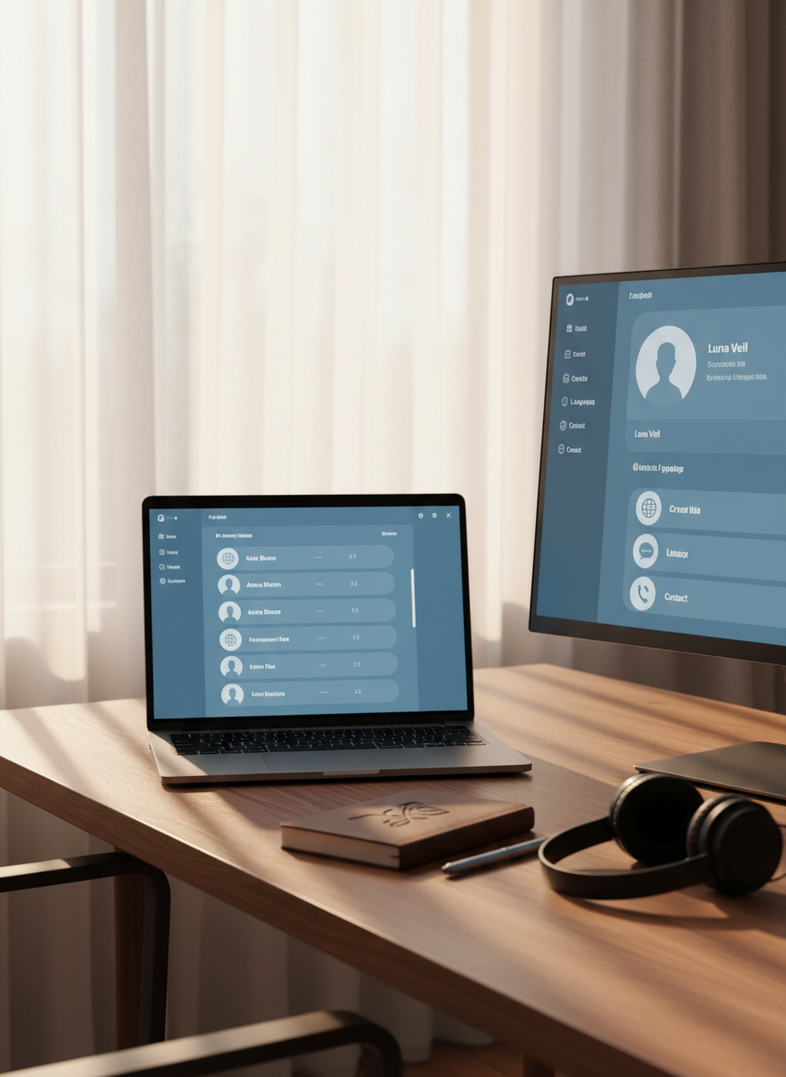 A refined home office scene featuring a slim laptop and a large secondary monitor, both displaying complementary views of a casting platform: one shows a structured list of abstract profiles, the other a detailed overview panel with icons for credits, languages, and direct contact methods. On the desk, a closed script-like notebook and a stylish pen rest neatly beside a pair of minimalist headphones. Soft golden-hour light filters through sheer curtains, casting warm, elongated shadows that contrast gently with the cool tones of the screens. Shot at eye level with a balanced depth of field, the atmosphere is focused yet comfortable, evoking intimate, serious talent discovery in photographic realism.
