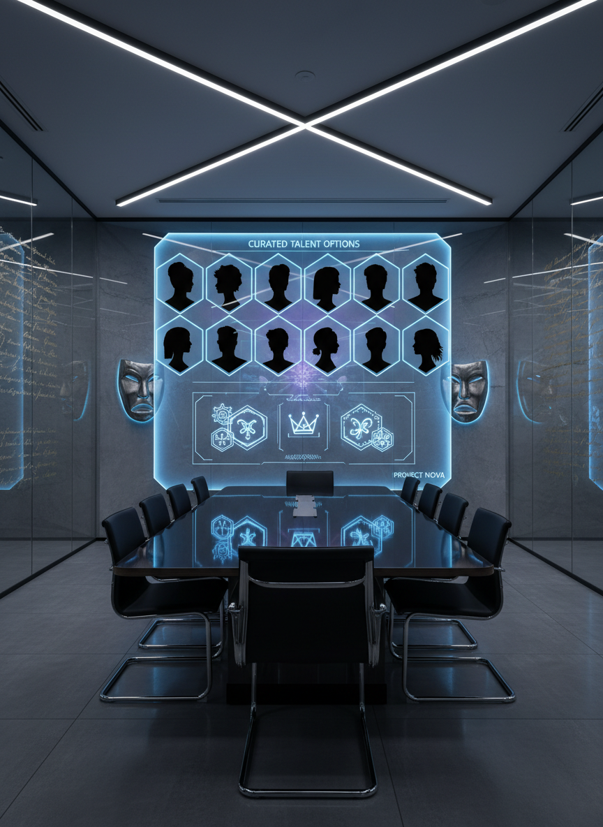 A wall-sized transparent display in a futuristic meeting room shows a curated grid of stylized silhouette portraits and abstract credit badges floating in layered panels, suggesting a curated selection of casting options. The room features sleek glass walls, a long dark conference table, and subtle theater-themed decor such as metallic mask shapes and script-like patterns in the furnishings. Cool, directional ceiling lighting highlights the edges of the glass display, creating dynamic reflections and a gentle glow around the interface elements. Captured from a wide-angle, slightly low perspective, the scene feels visionary, collaborative, and high-end, in crisp photographic realism.